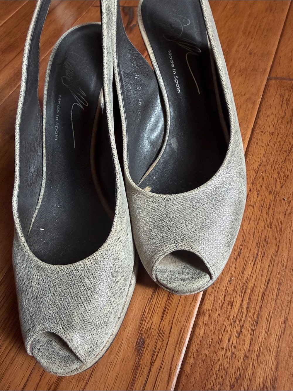 Slingback Peep-Toe Heels in Light Gray - distresses sparkling suede Women's Shoe